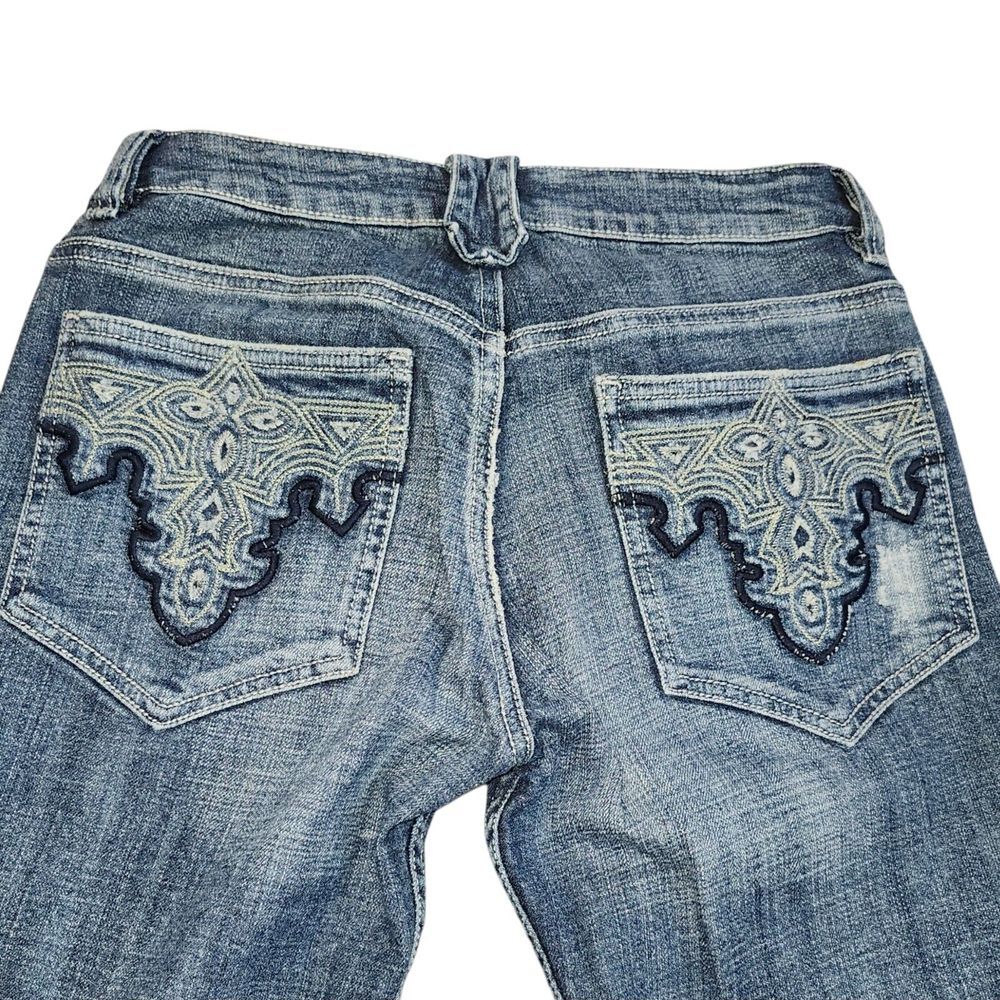 ANTIK DENIM‎ Women's Distressed Low Rise Bootcut Embroidered Blue Jeans Size 28